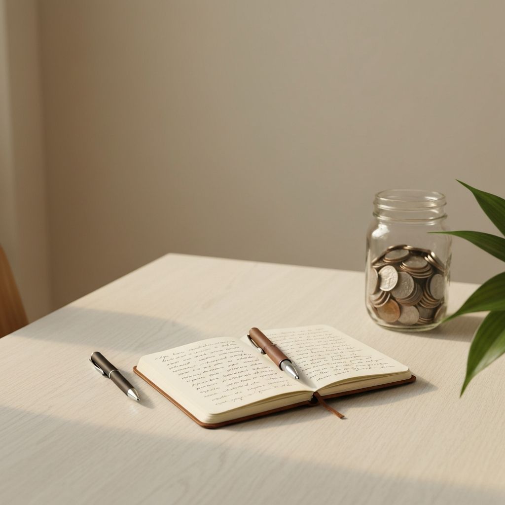 Wooden desk with a small notebook, pen, and a glass jar of coins representing saving for an emergency fund.