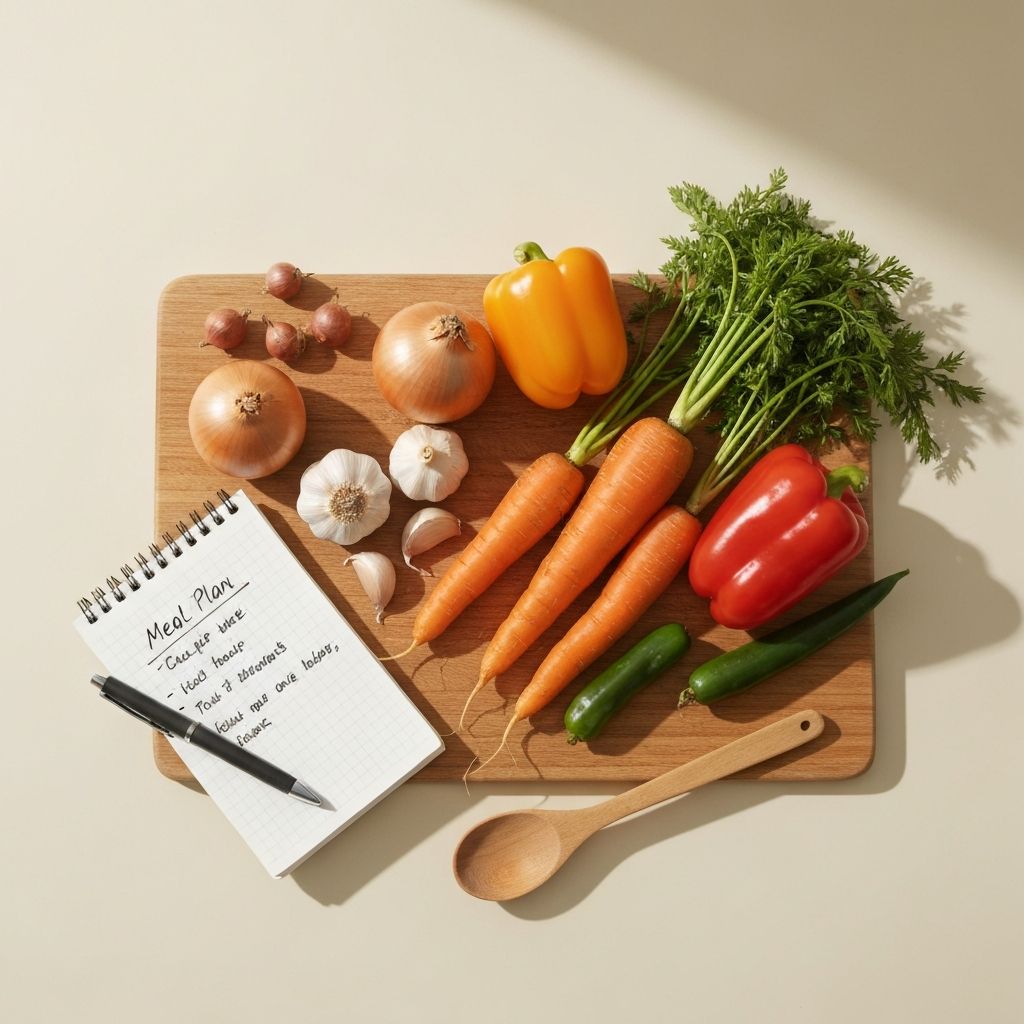 Wooden cutting board with fresh vegetables, a notepad, and a pen for weekly meal planning.