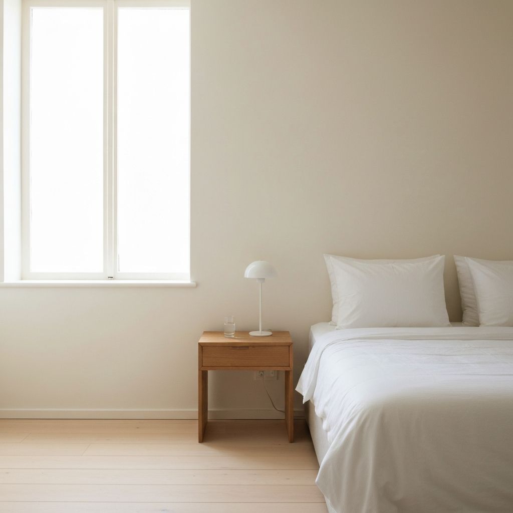 Bedroom in soft morning light with neatly made bed and curtains, suggesting restful sleep.