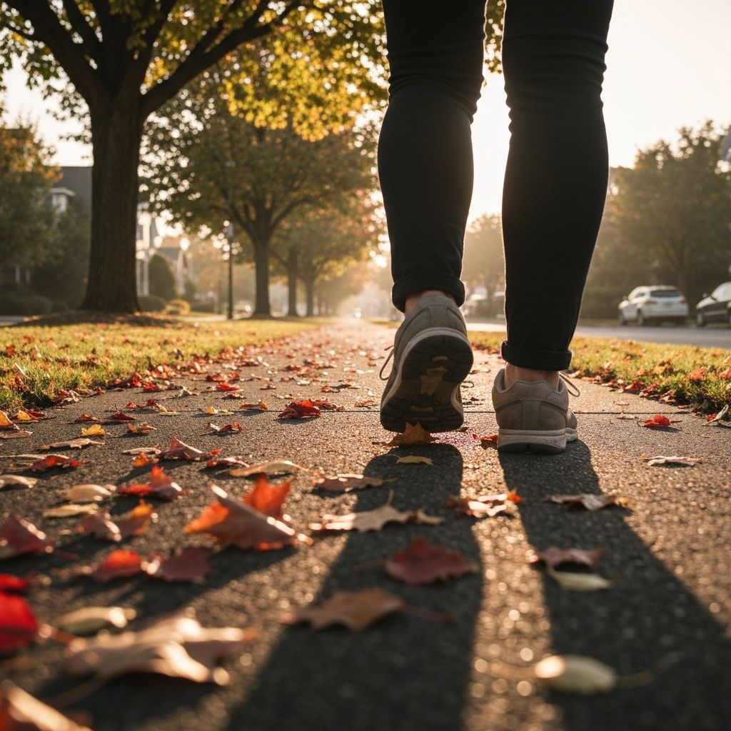 Person in comfortable walking shoes on a sunlit neighborhood path lined with trees.